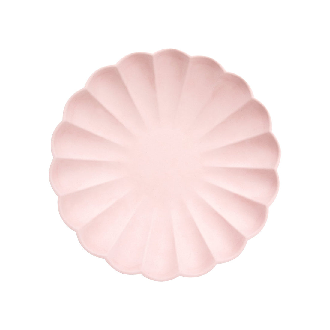 A Meri Meri Pale Pink Eco Plate in the shape of a flower on a white background.