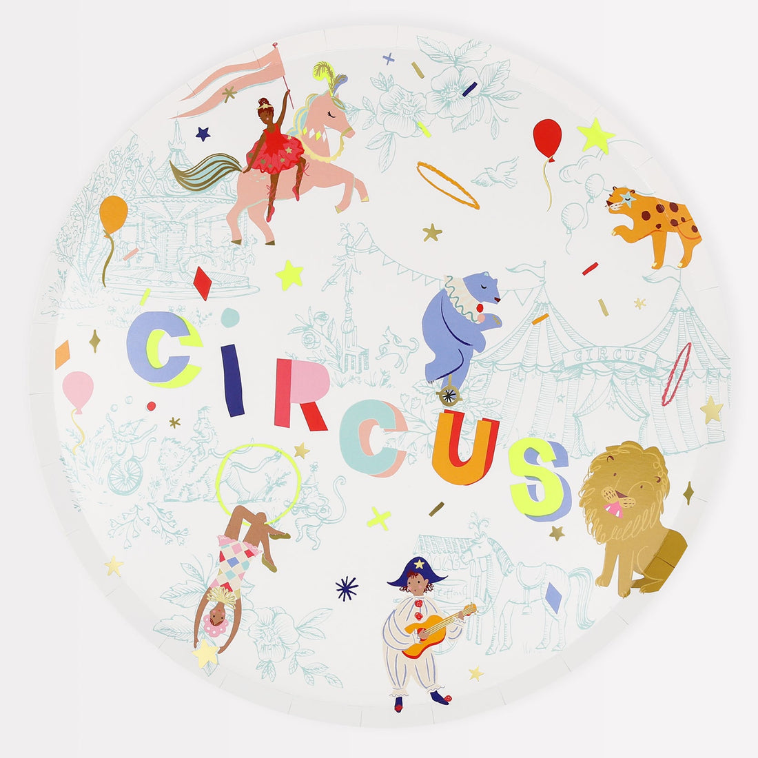 Circular circus-themed illustration with animals, performers, and the word &quot;circus&quot; in shiny gold foil details at the center on Meri Meri&