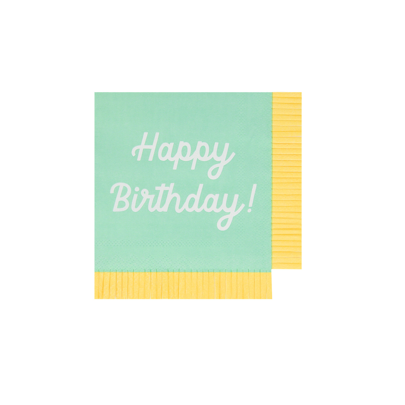 Mint Meri Meri napkin with Happy Birthday printed on it and coordinating fringe border.
