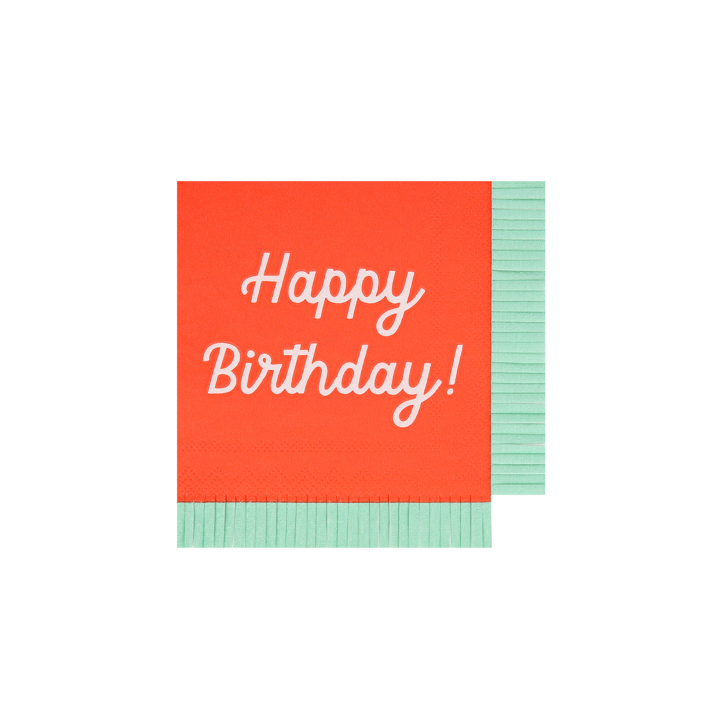 Red Meri Meri napkin with Happy Birthday printed on it and coordinating fringe border.