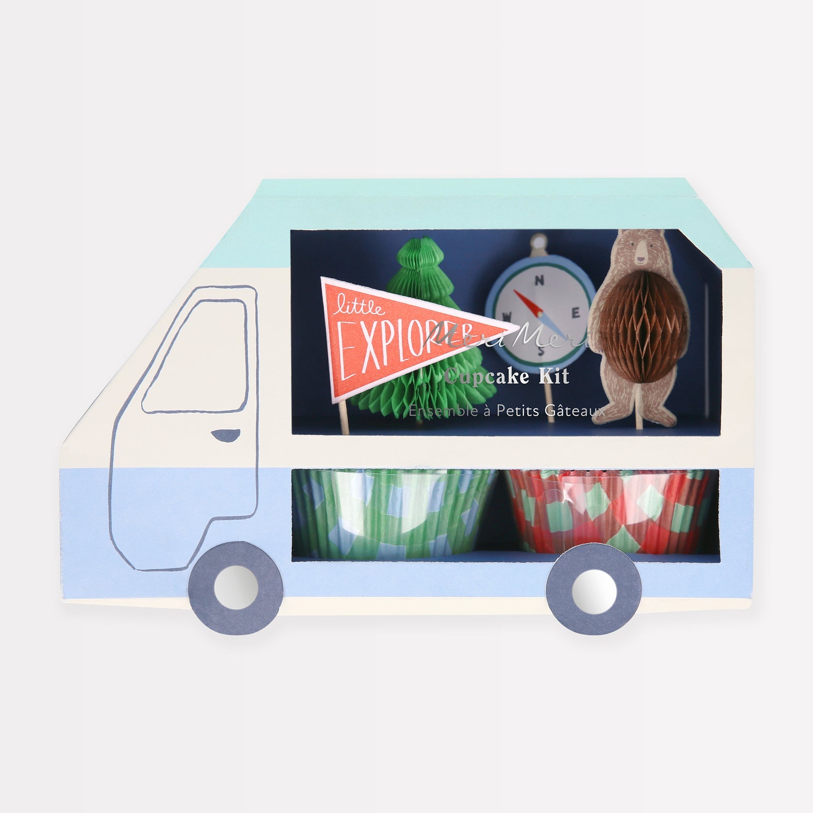 Meri Meri Camping Adventure Cupcake Kit in a box shaped like a camper van.