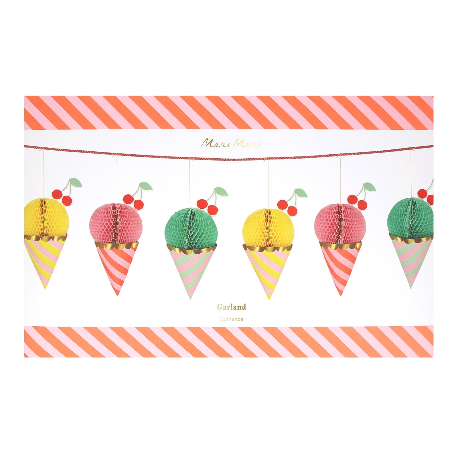 Meri Meri paper garland made up of 8 honeycomb ice creams with shiny gold foil details.