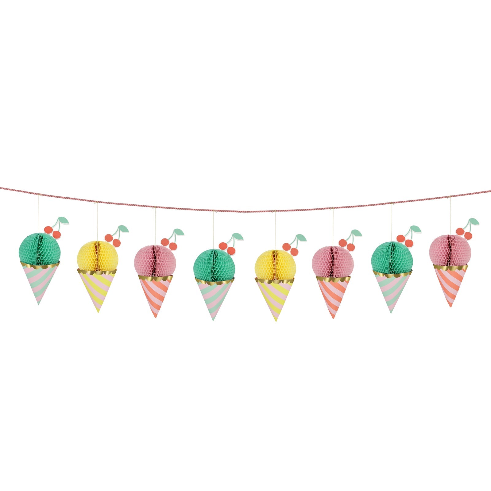 Meri Meri paper garland made up of 8 honeycomb ice creams with shiny gold foil details.