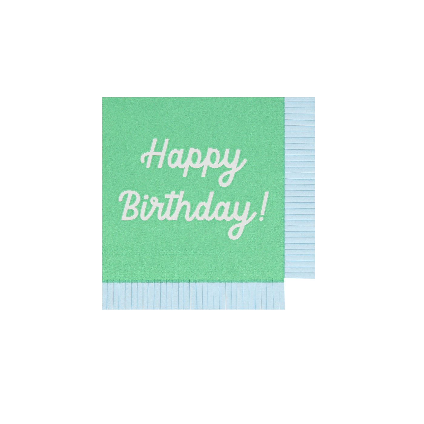 Green Meri Meri napkin with Happy Birthday printed on it and coordinating fringe border.