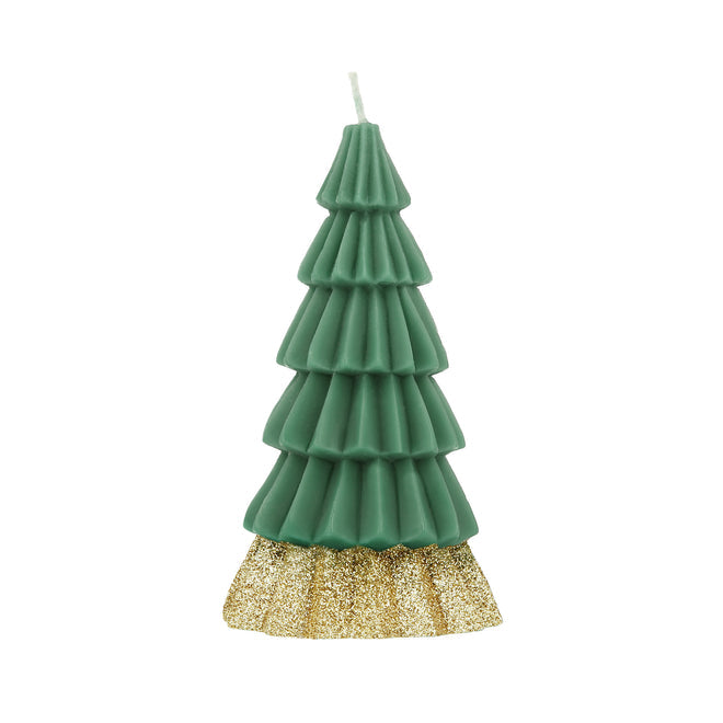 A dark green tree shaped candle with a gold glittered lower segment.