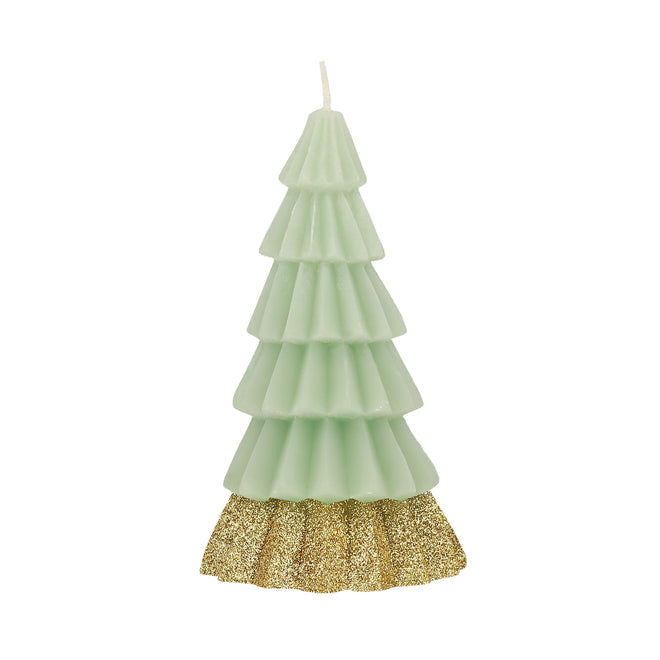 A mint green tree shaped candle with a gold glittered lower segment.
