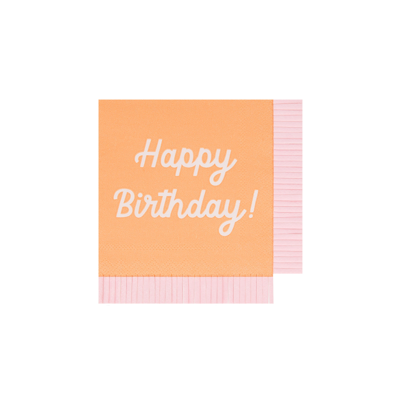 Orange Meri Meri napkin with Happy Birthday printed on it and coordinating fringe border.