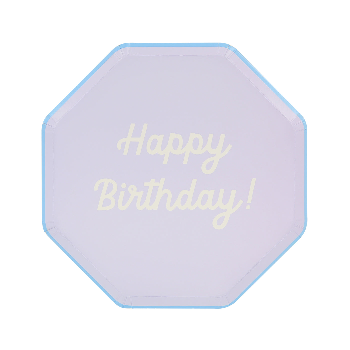 Octagonal shaped paper plate in lavender saying "Happy Birthday!".