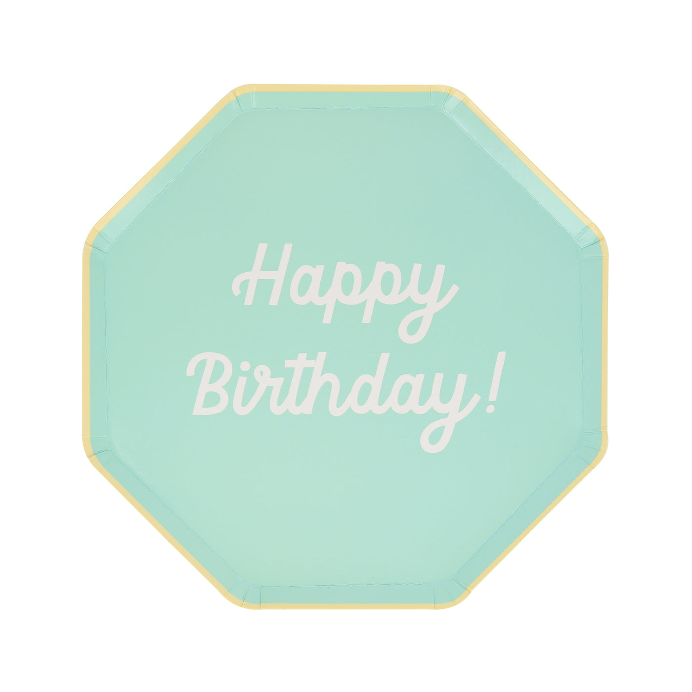 Octagonal shaped paper plate in mint saying "Happy Birthday!".