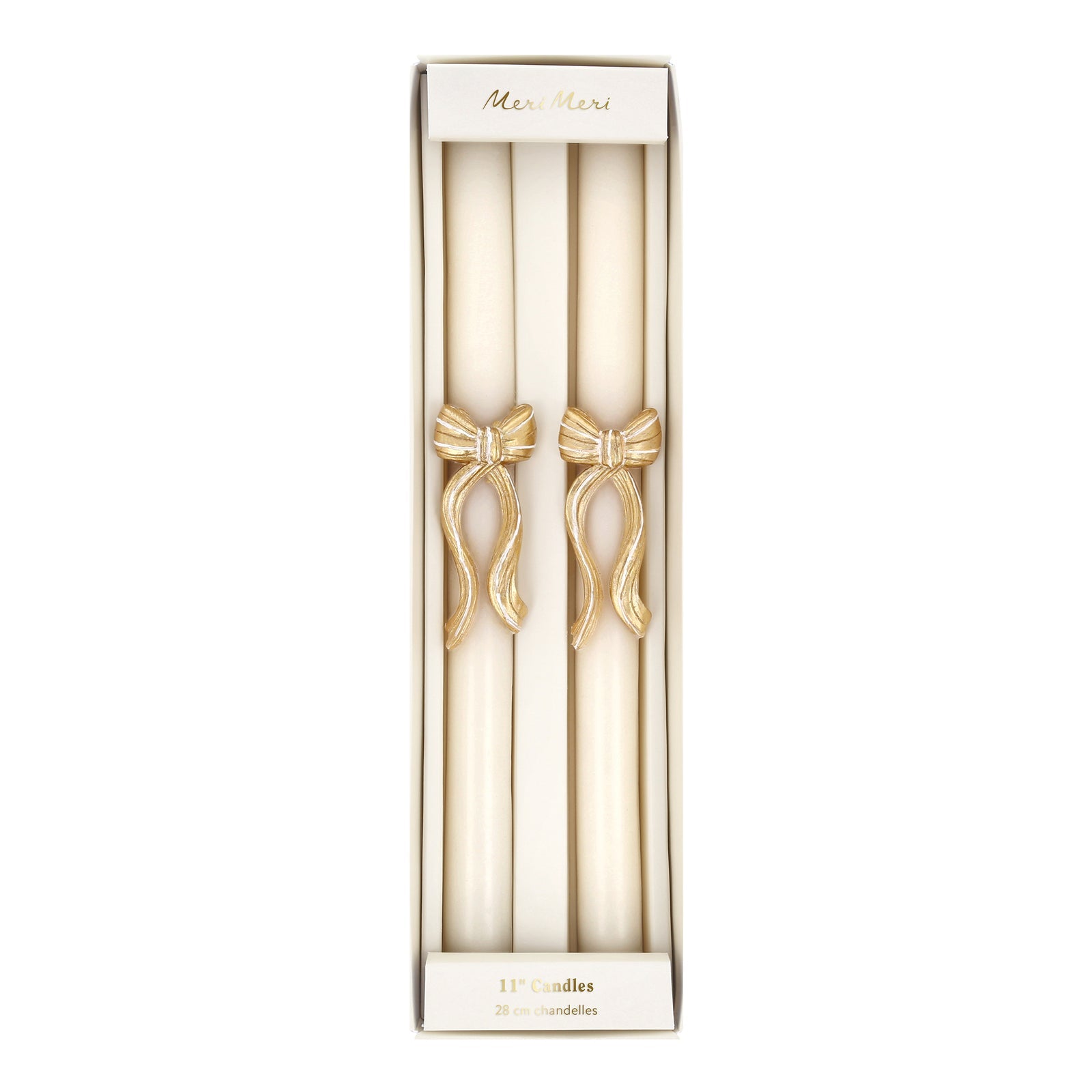 Box with Gold Stripe Bow Taper Candles in it.
