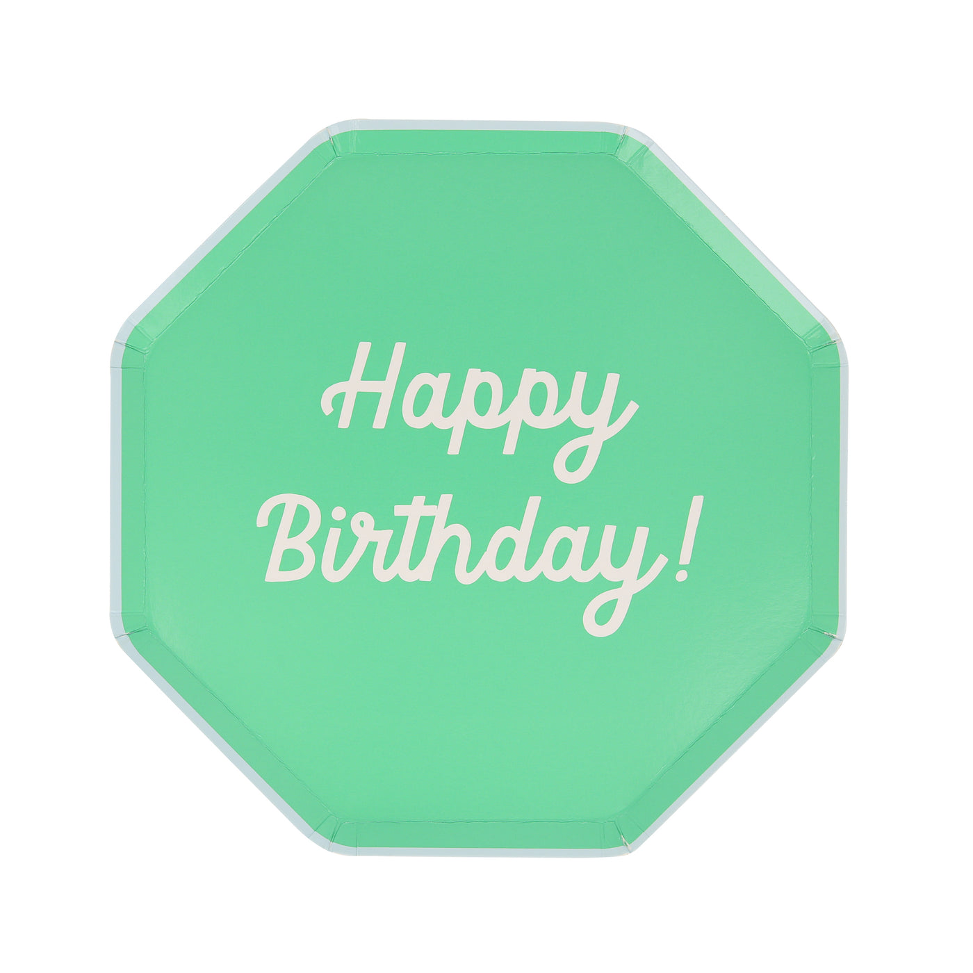 Octagonal shaped paper plate in mint saying "Happy Birthday!".