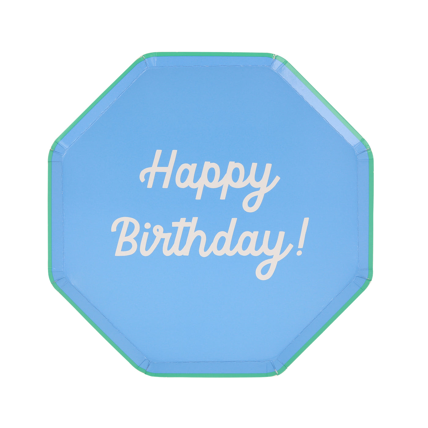 Octagonal shaped paper plate in mint saying "Happy Birthday!".