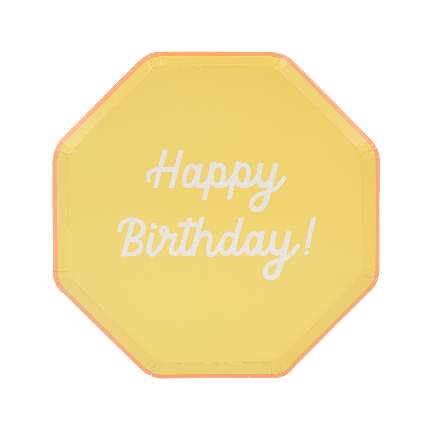 Octagonal shaped paper plate in yellow saying "Happy Birthday!".