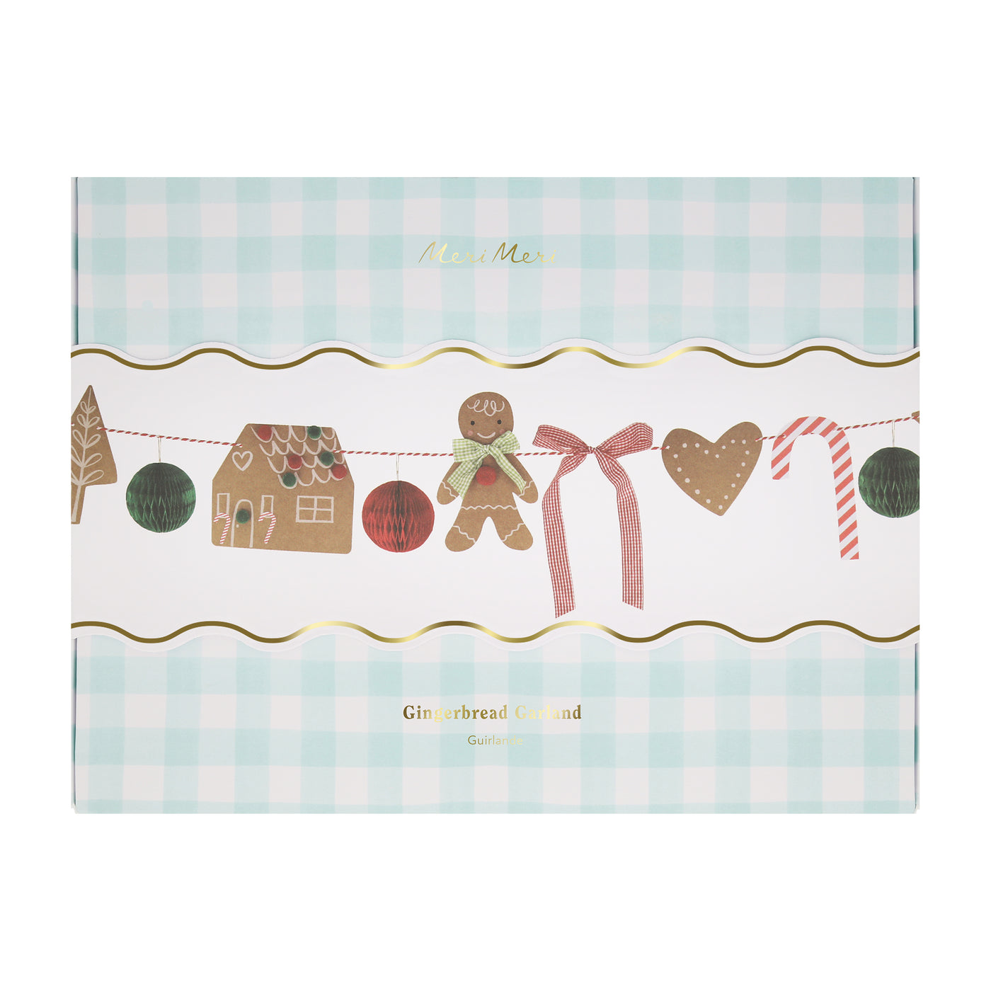 Gift box for the Gingerbread Garland with gingerbread-themed design on a white background.