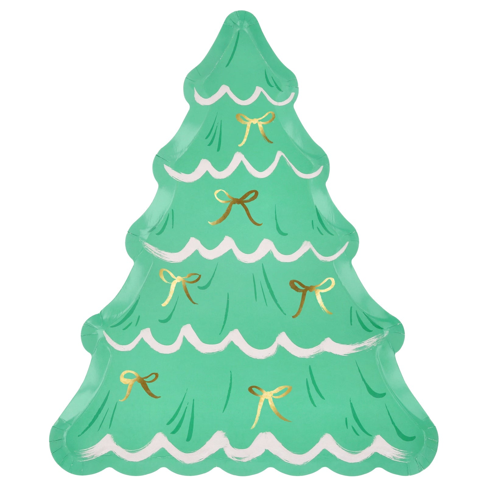 Green Christmas tree-shaped paper plate with gold ribbons on a white background.