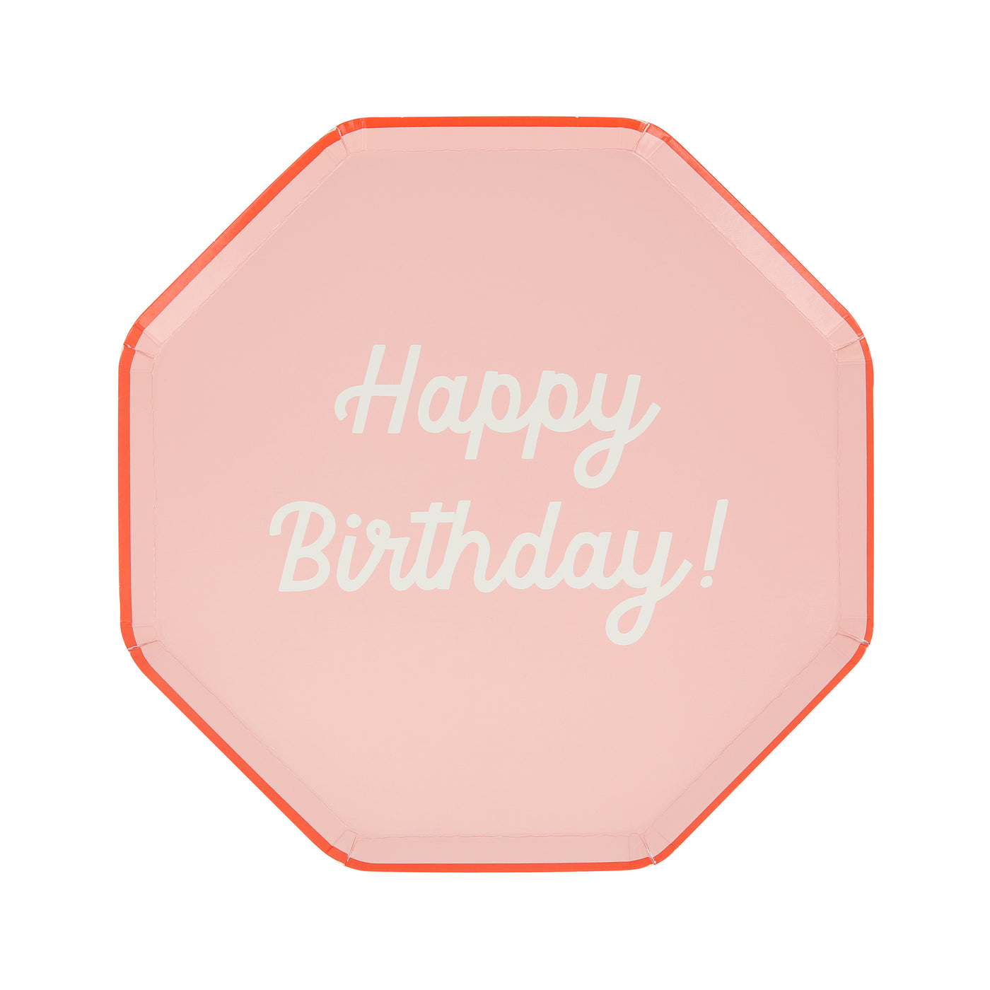 Octagonal shaped paper plate in pink saying "Happy Birthday!".