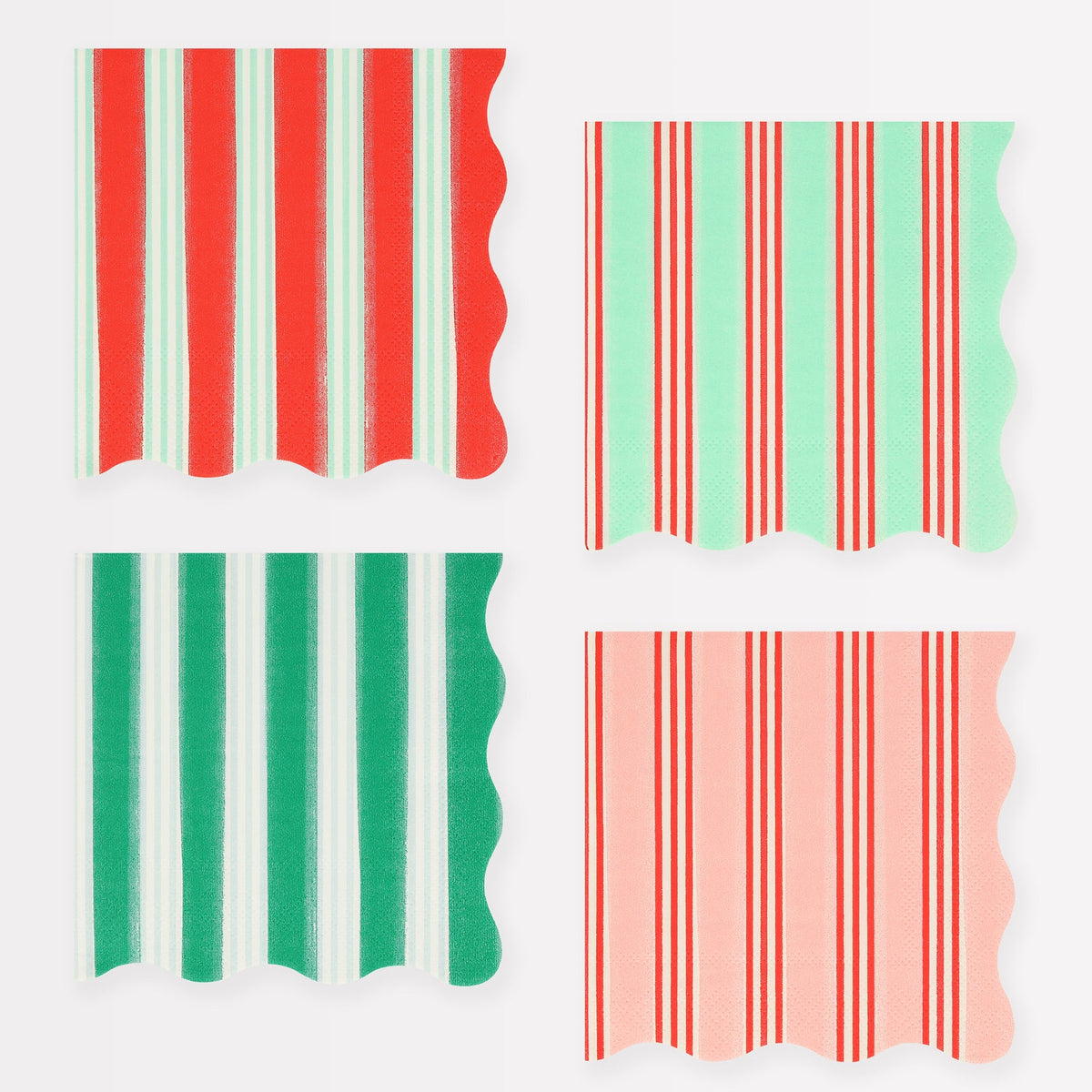 Four rectangular napkins with red, green, and pink vertical stripes on a white background.