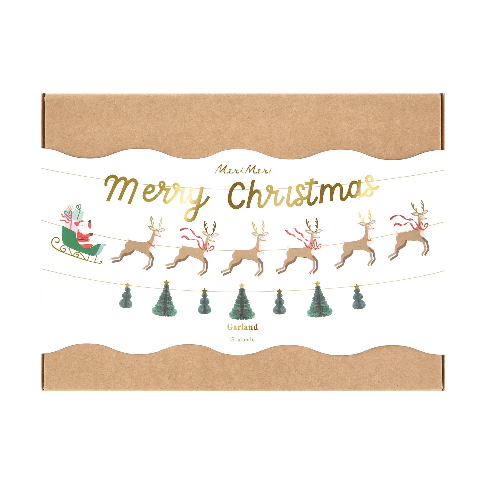 Christmas garland with reindeer and trees on a cardboard box packaging.