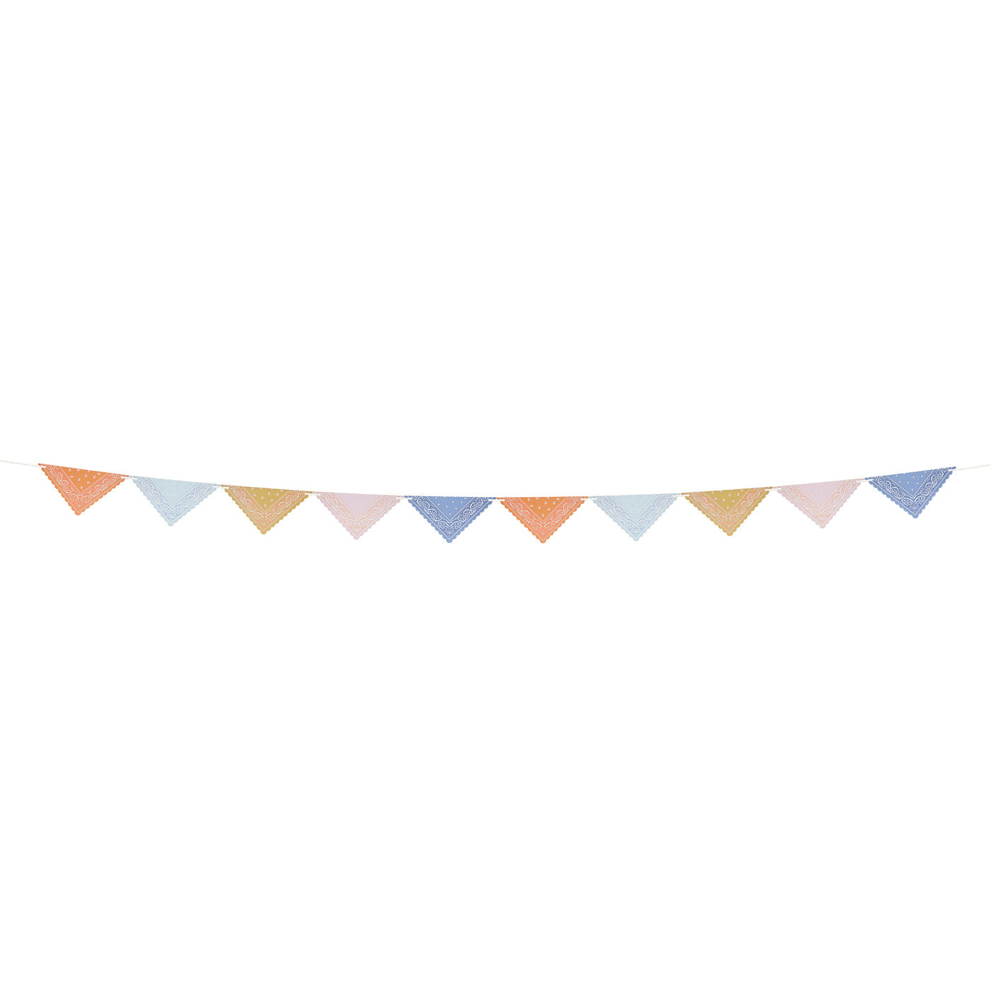 Paper garland with 10 bandana shaped pennants in five colors, including orange, mint, ochre, pale pink and blue by Meri Meri.