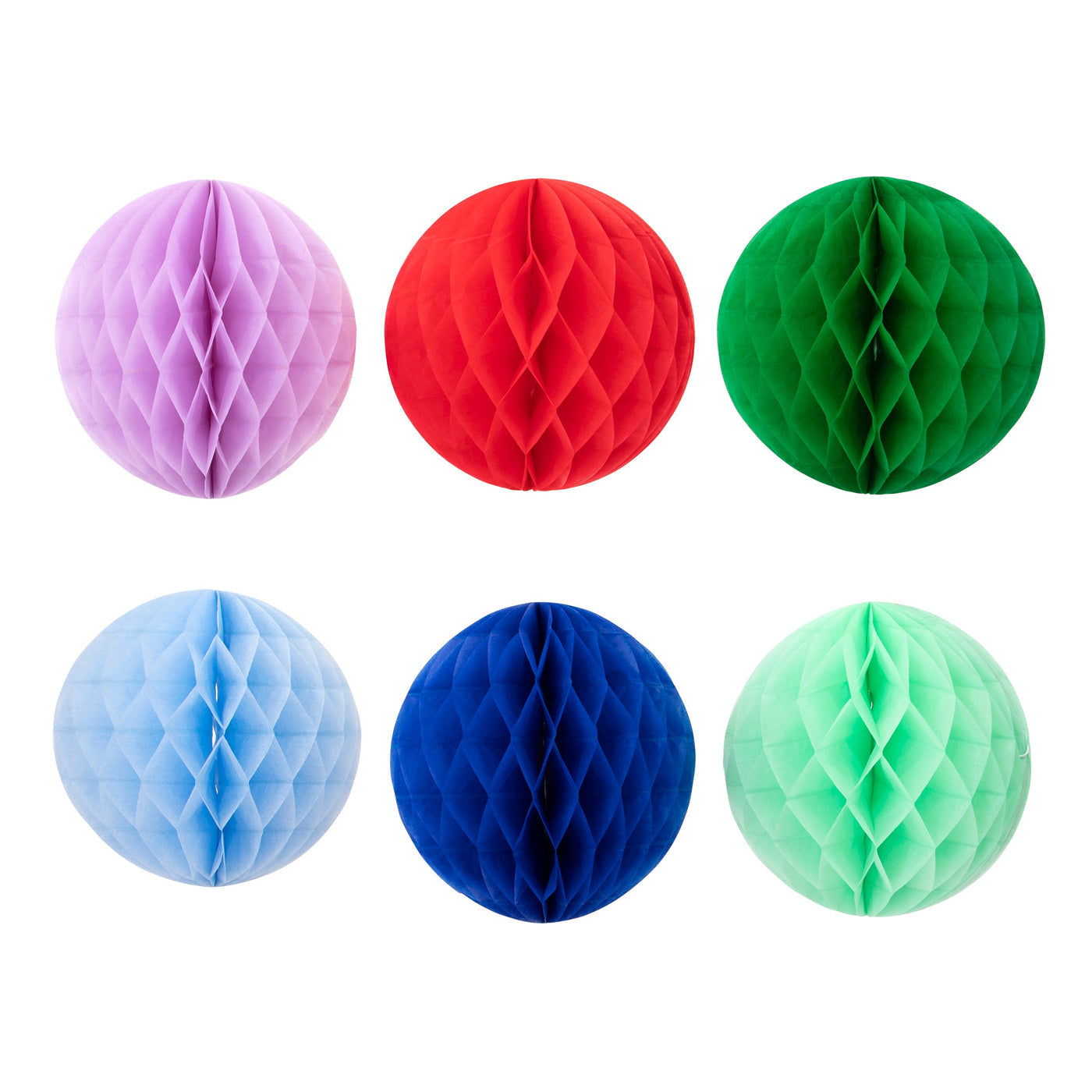 Round honeycomb in lilac, red, green, light blue, dark blue and mint.