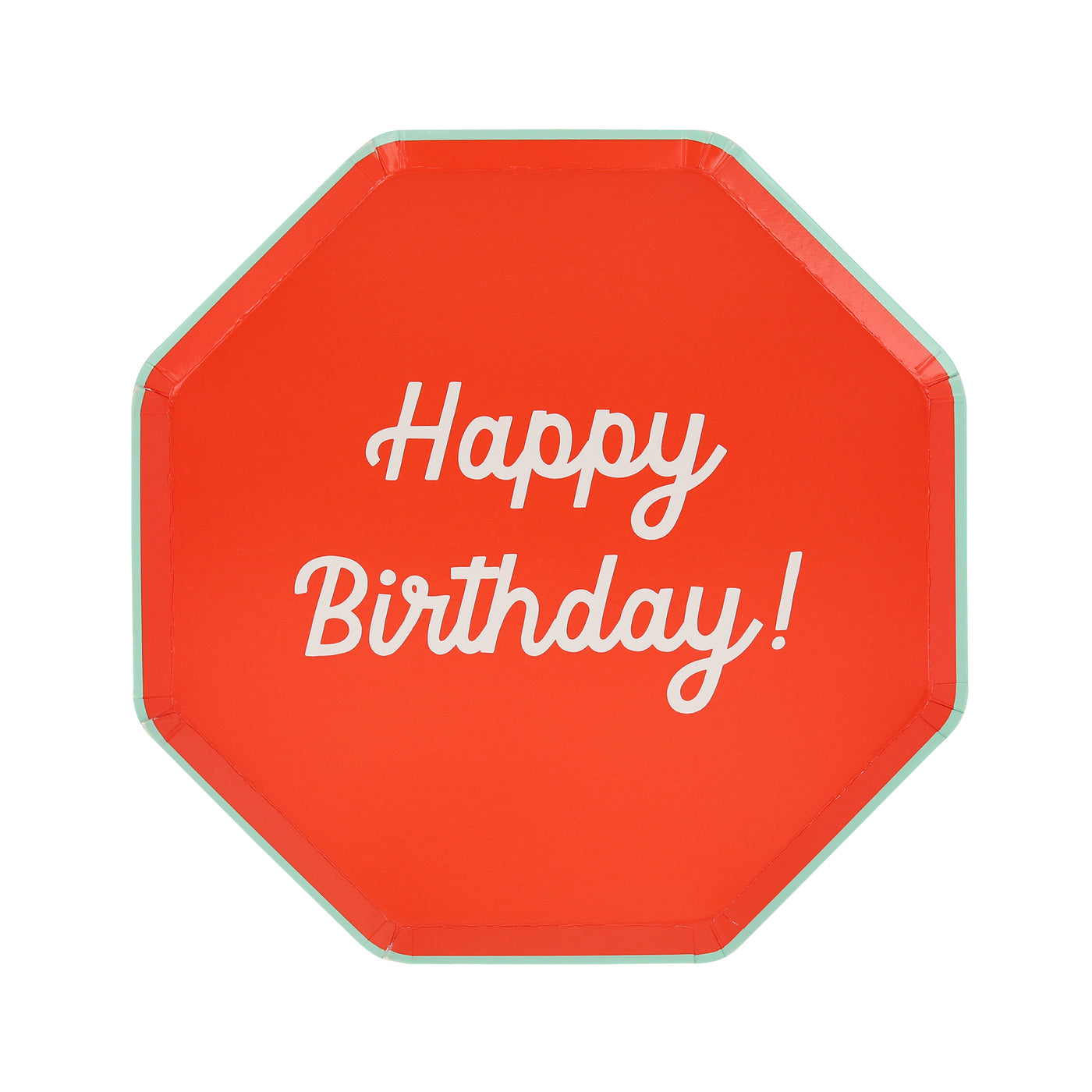 Octagonal shaped paper plate in red saying "Happy Birthday!".