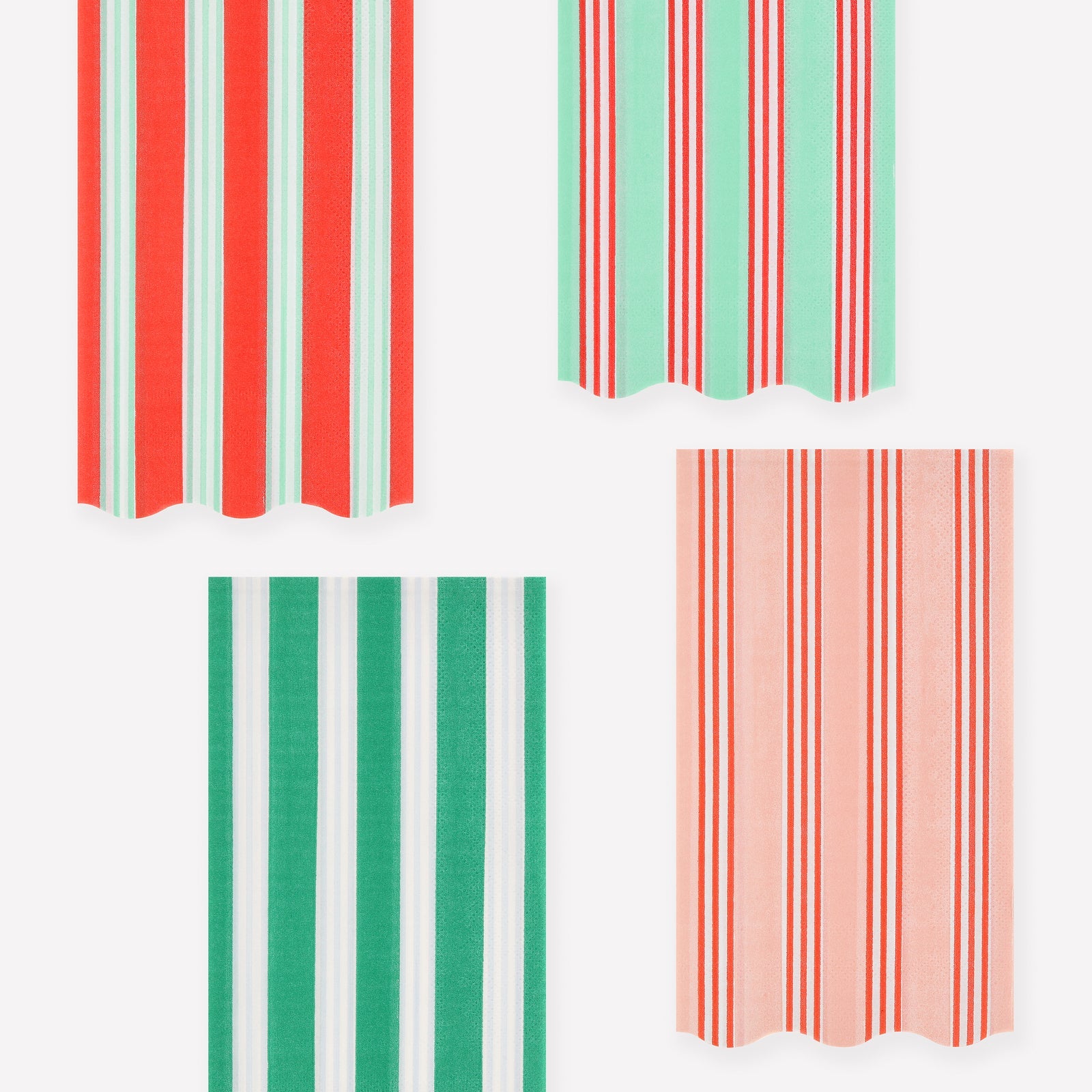 Set of four striped paper napkins by Meri Meri in red, green, and pink on a white background.