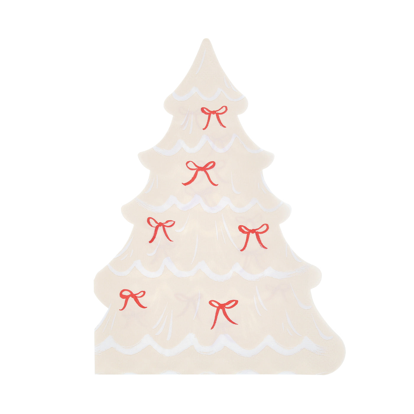 Cream Christmas tree napkin with gold ribbons on a white background.