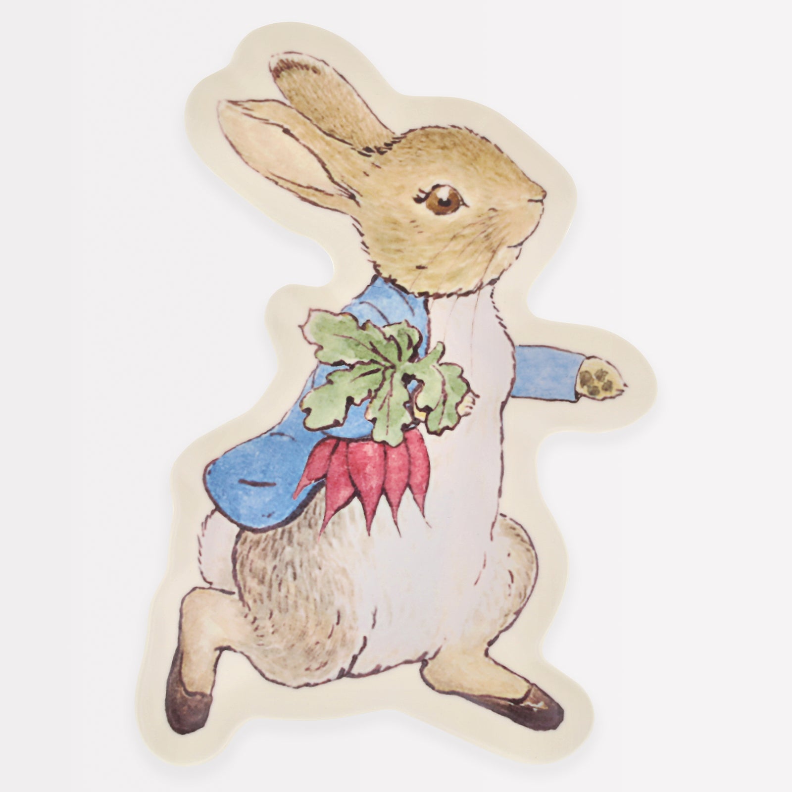 A plate shaped like Peter Rabbit against a white background.