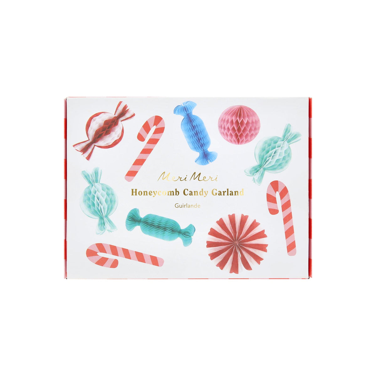 Box of Mimi Meri Honeyscomb Candy Garland with colorful candy illustrations on a white background.