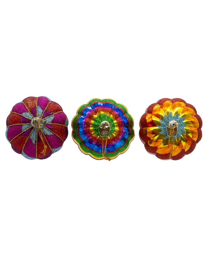 The tops of all 3 balloon ornaments, showing 3 different color schemes.