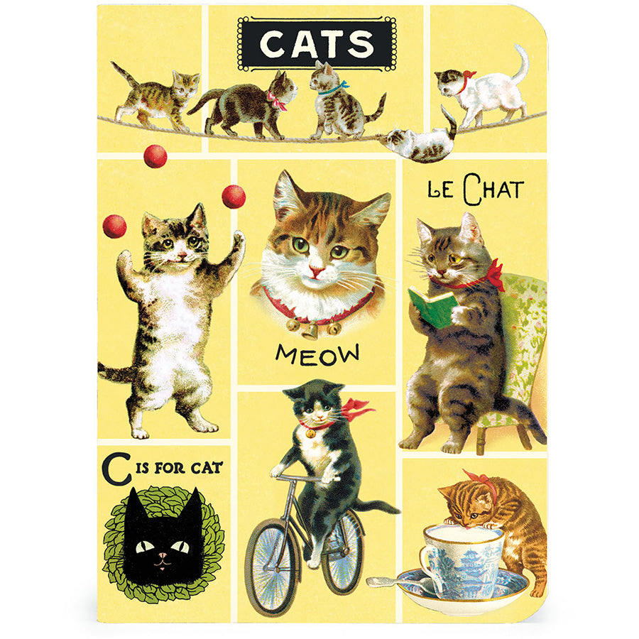 Illustrated notebook cover with various cats in different poses on a yellow background.