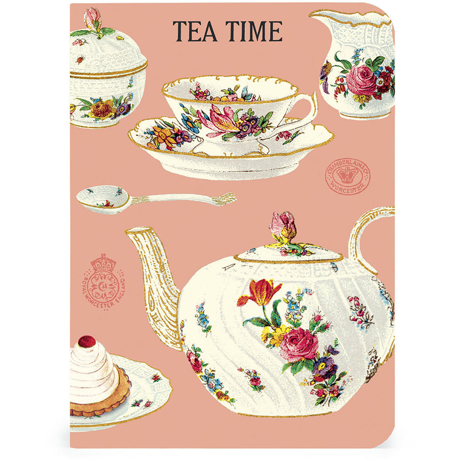 Notebook cover with floral teapots, cups, and cake on a pink background with &