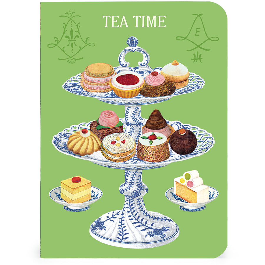 Card with a tea time design featuring a tiered cake stand with pastries on a green background.