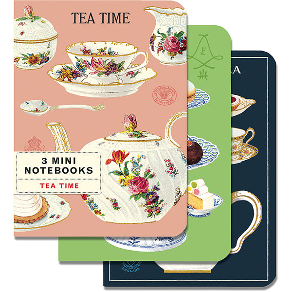 Set of three mini notebooks with tea-themed designs on a white background