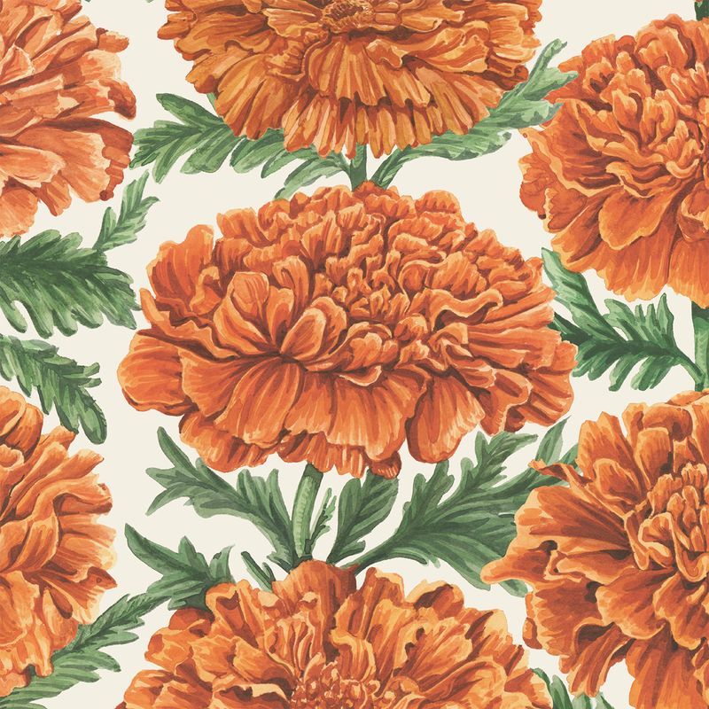 A square paper cocktail napkin featuring an illustrated pattern of orange marigold flowers with green leaves on a light background.