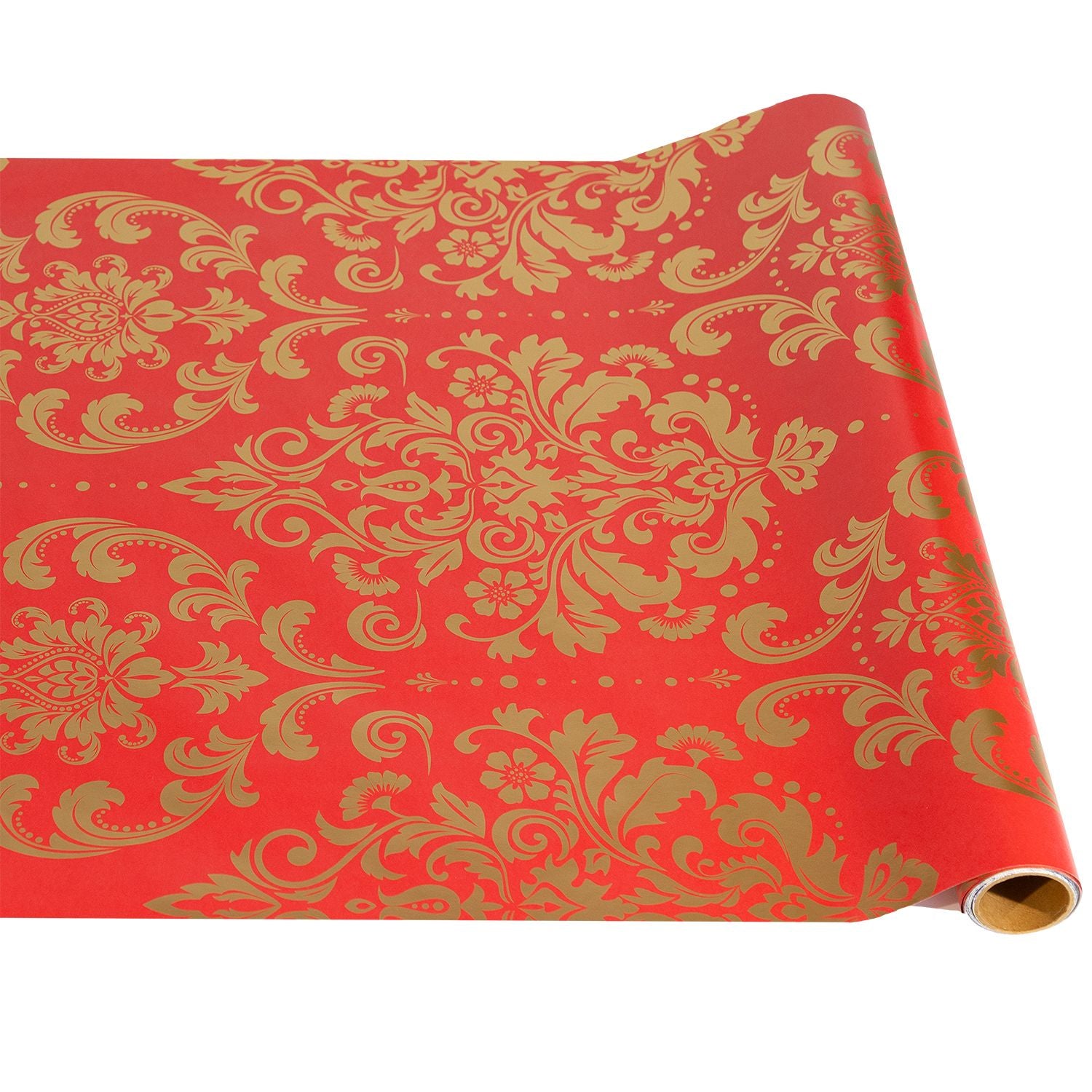 Roll of red runner paper with gold floral pattern