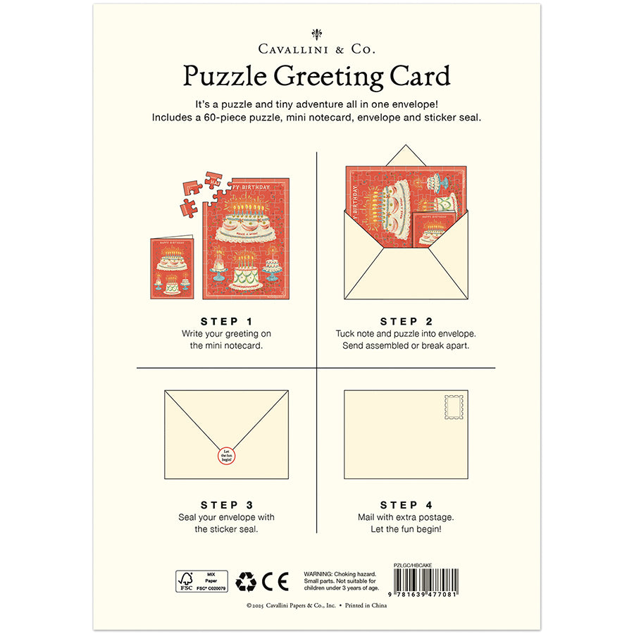 Cavallini & Co. Puzzle Greeting Card packaging with step-by-step instructions on a white background