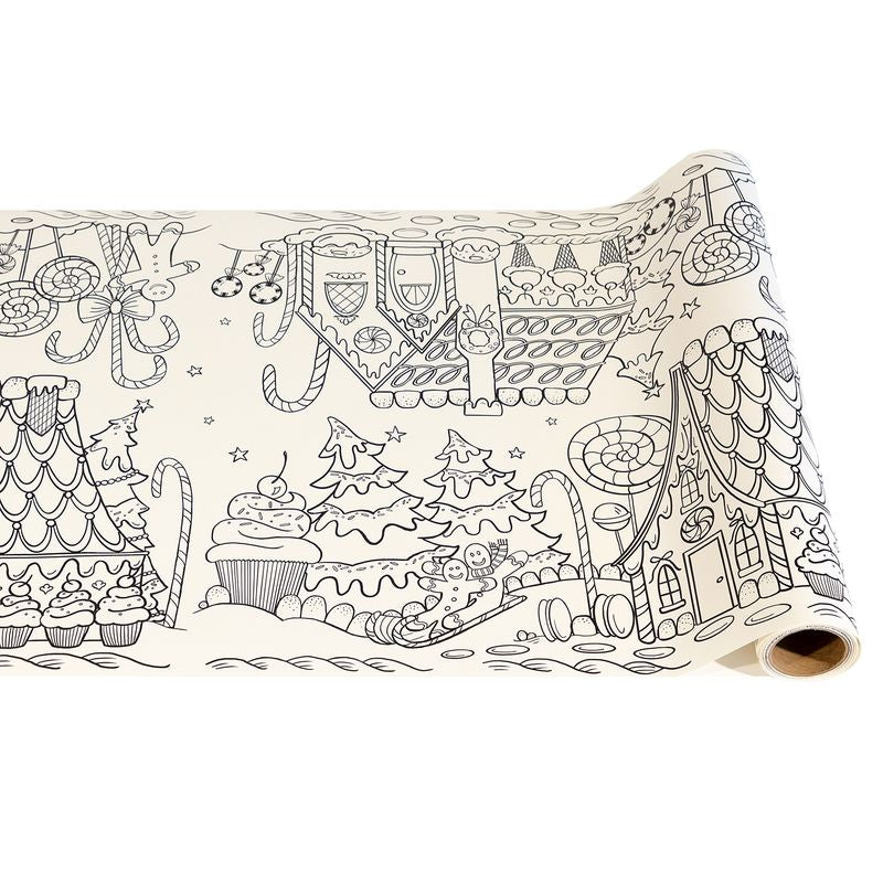 A roll of cream paper with a festive black line art design of a gingerbread winter wonderland scene, perfect for coloring.