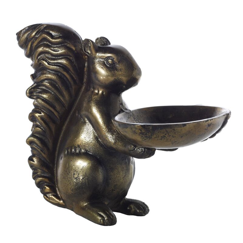 A bronze Accent Decor squirrel holding a bowl.