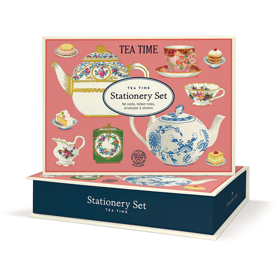 Tea time stationery set packaging with illustrations of teapots and tea cups on a pink background.