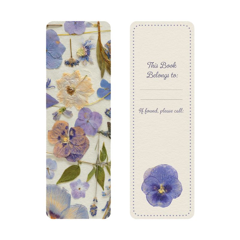 Floral bookmark with pressed flower design on one side and a place for personalization on the other on a white background