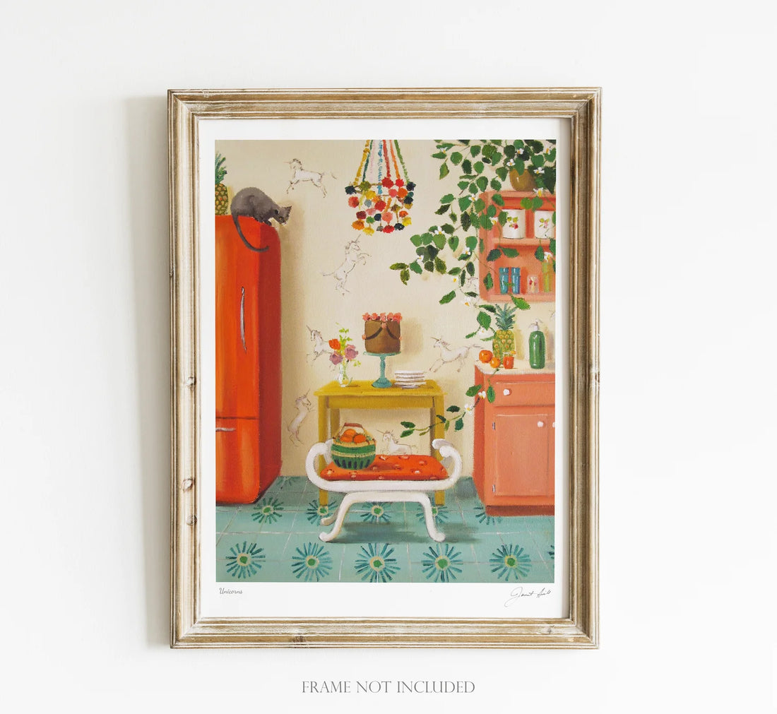 An Unicorns Small Art Print of a whimsical illustration featuring a colorful vintage kitchen with lively decorations and a cat on the refrigerator, by Janet Hill, created using Epson Ultrachrome archival inks.