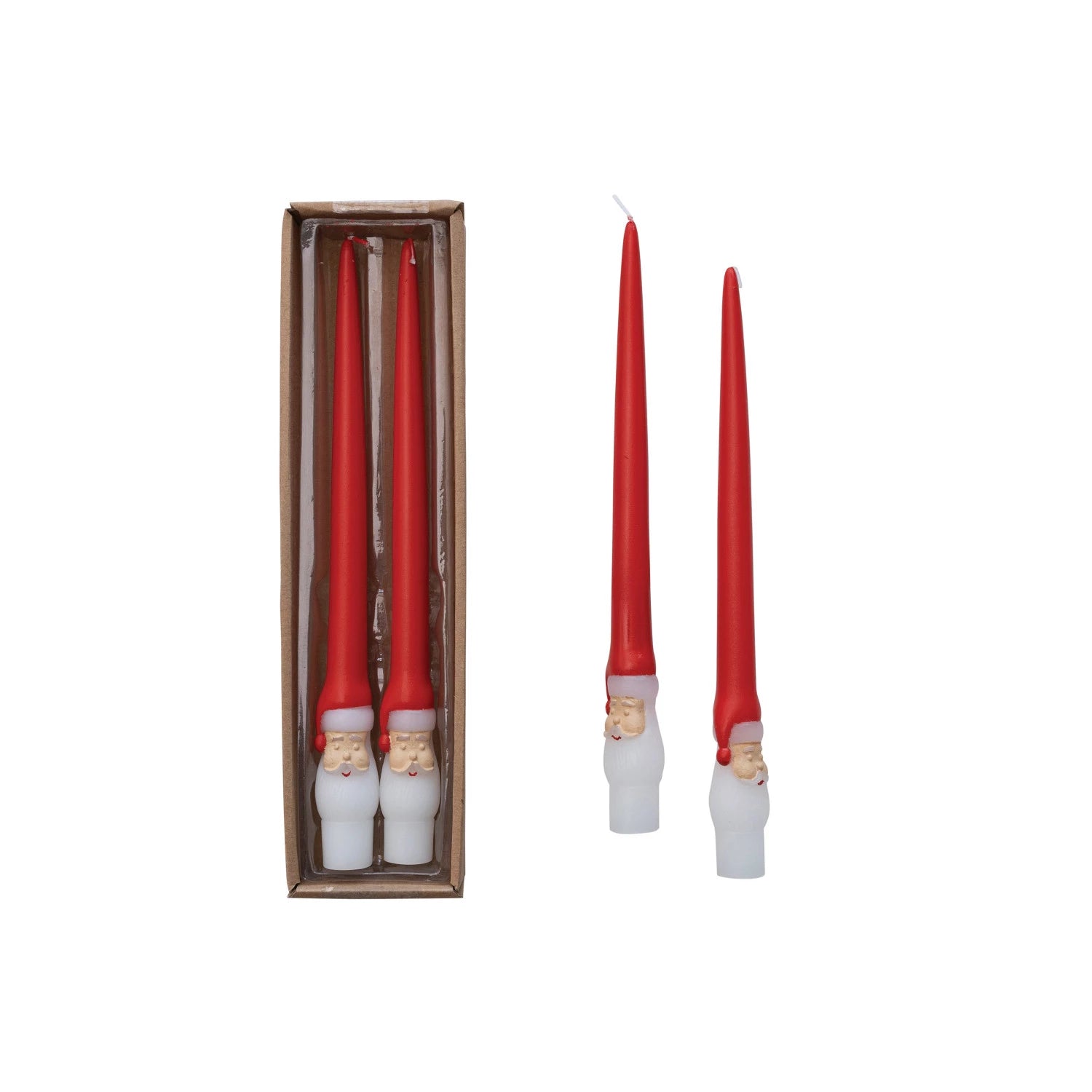 Four taper candles with Santa Claus designs on them, two in package and two out of package.