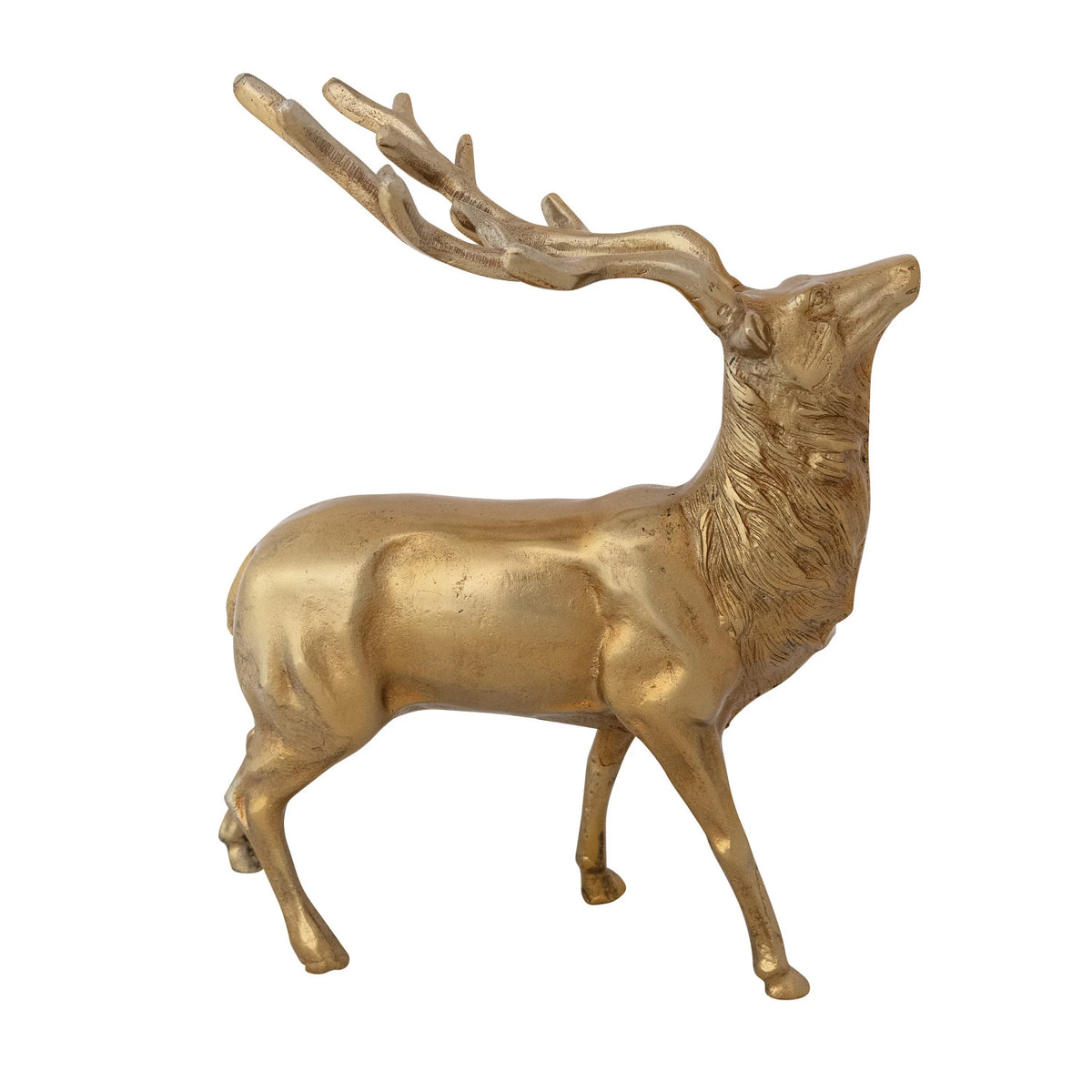 Gold deer figurine on a white background.