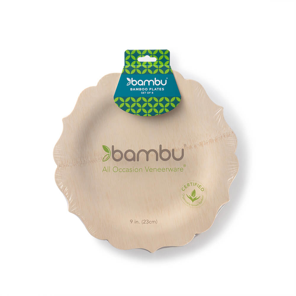 A Veneerware Fancy Bamboo Plate with the brand Bambu Wholesale on it.