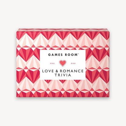 A boxed Love and Romance Trivia game with a geometric heart pattern by Chronicle Books.
