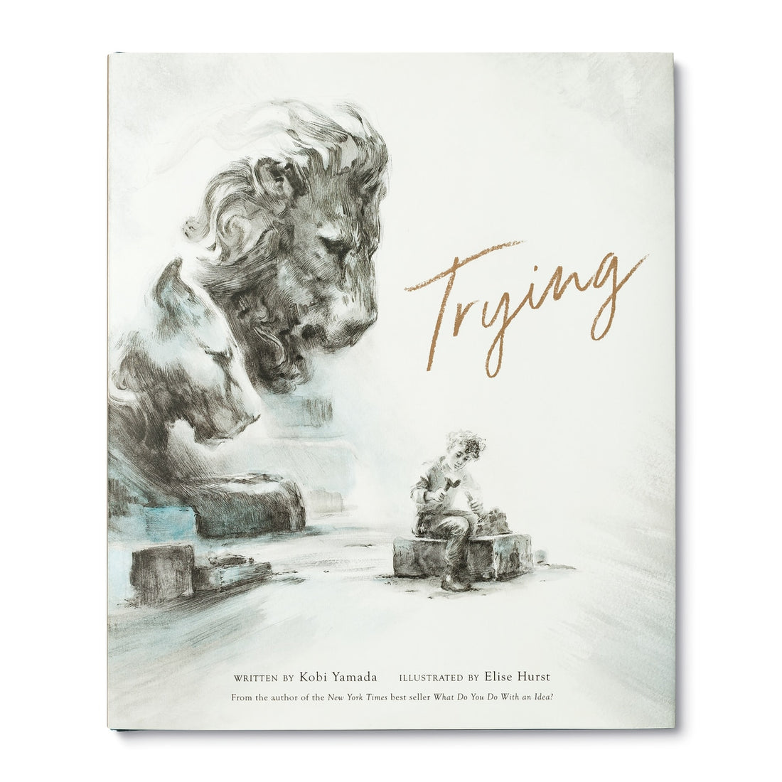 Book cover illustration showing a lion statue with a small child sitting nearby, depicted in black-and-white illustrations, and the title &quot;Trying&quot; by Compendium written in cursive.