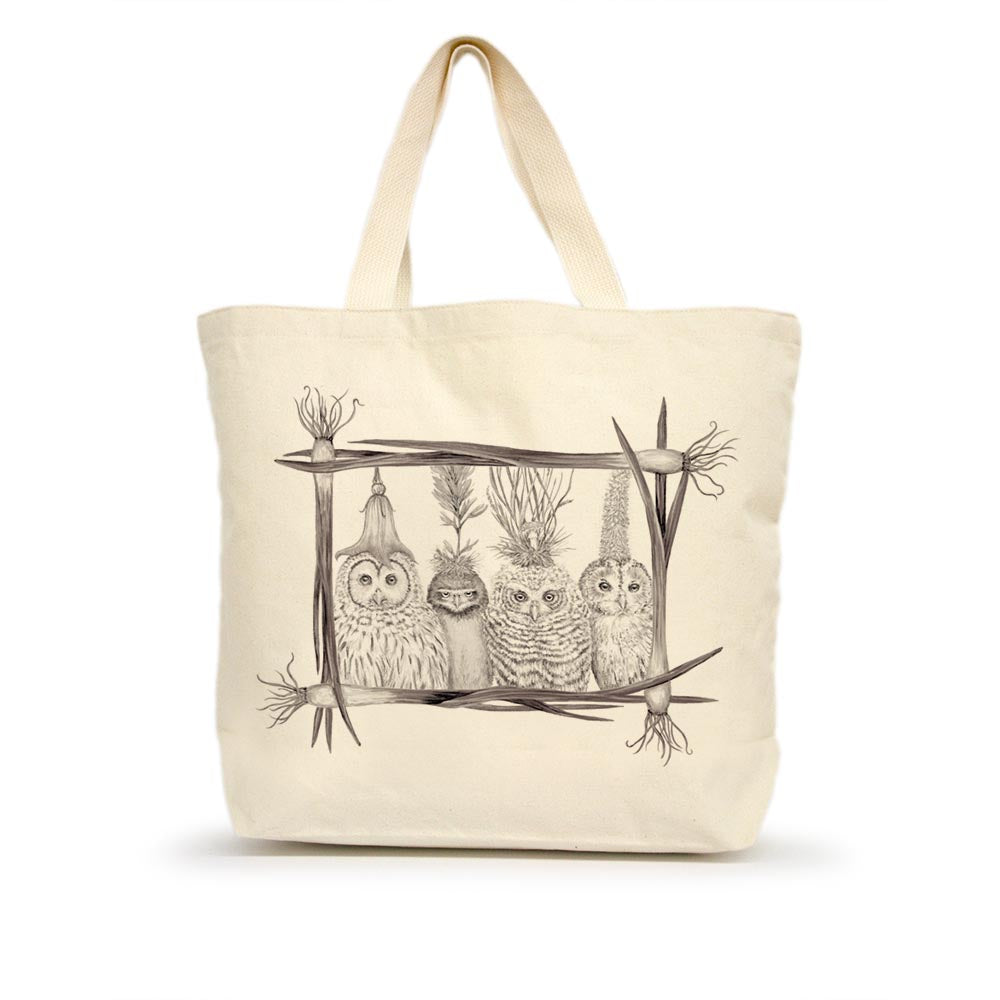 Eric &amp; Christopher Vicki Sawyer Large Canvas Totes with a screen-printed illustration of four owls perched on branches, crafted from natural cotton canvas.