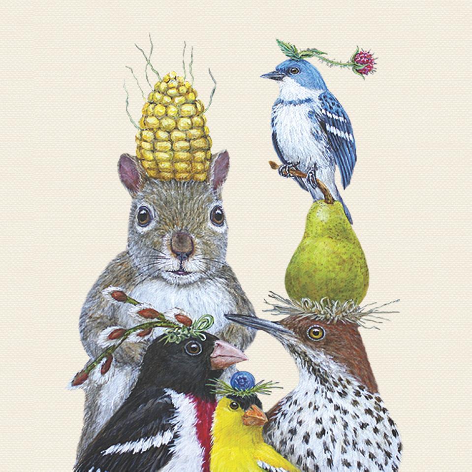 A painting of squirrels, birds, and corn by Vicki Sawyer, displayed beautifully on Party Under the Feeder Cocktail Napkins in a detailed dining setting by Paper Products Design.