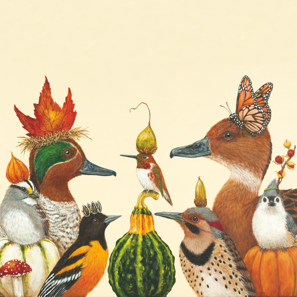 Cocktail napkin with artwork by Vicki Sawyer featuring some ducts and various fall colored birds on it.